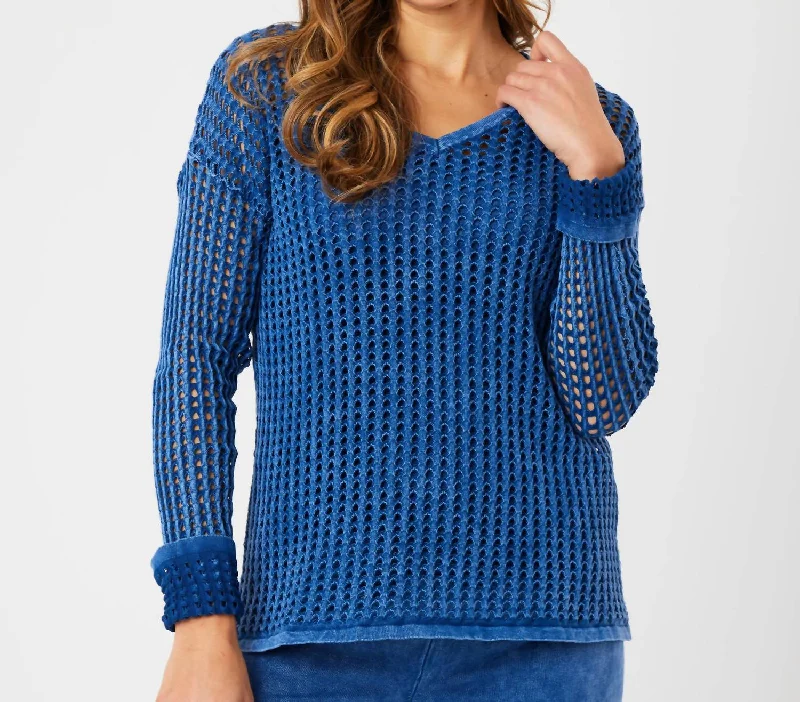 Crochet V-Neck Sweater In Denim