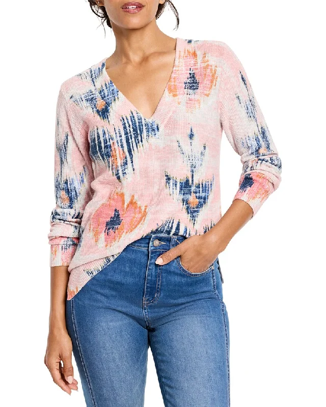 NIC + ZOE Abstract Floral Waffle Stitch V-Neck Sweater