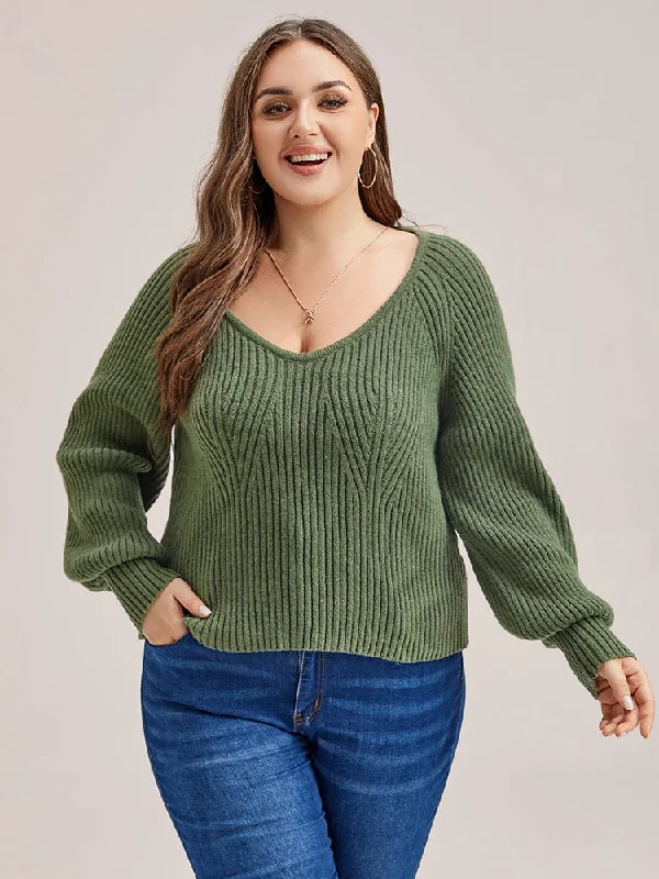 Solid V-Neck Lantern Sleeves Knit Sweater