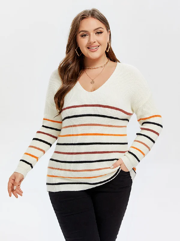 Striped Pattern V-Neck Drop Shoulder Sweater