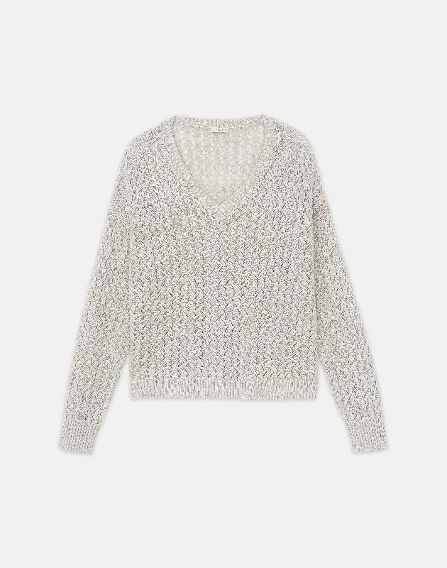 Sustainable Linen-Silk Sequin Cable V-Neck Sweater