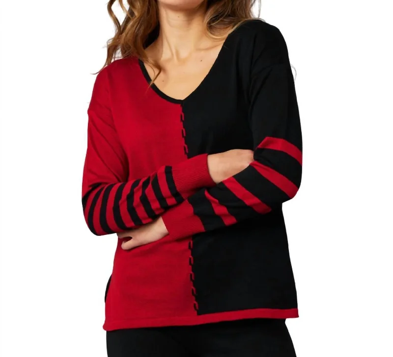 V-Neck Cable Sleeve Sweater In Black/red