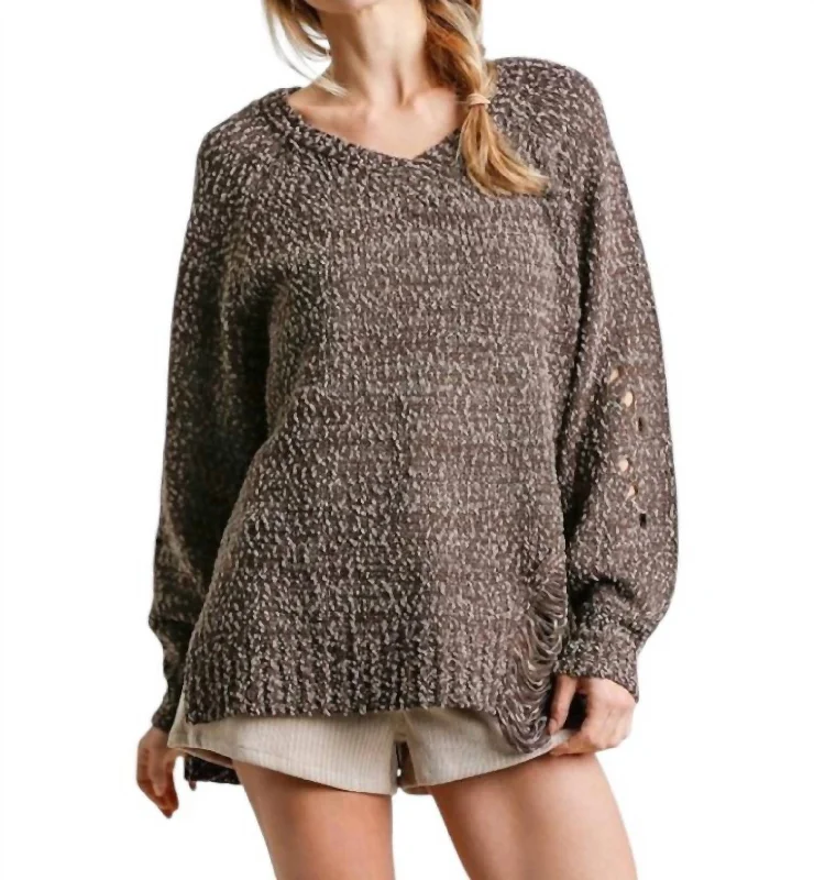 V-Neck Distressed Knit Sweater In Ash Brown