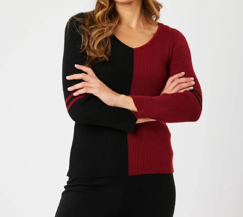 V-Neck Ribbed Sweater In Black/wine