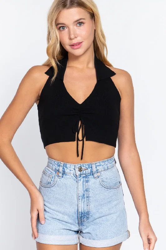 Halter Ruched Crop Sweater Knit TopCroptoplightweight