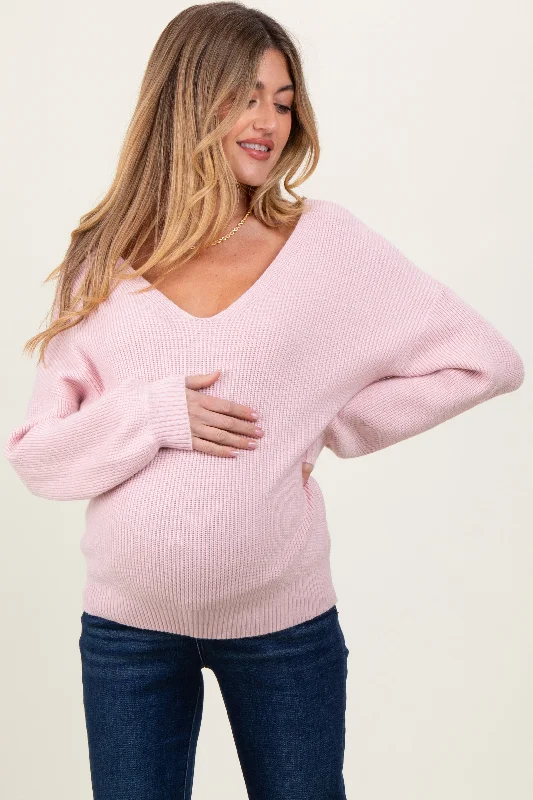 Light Pink V-Neck Drop Shoulder Back Bow Tie Maternity Sweater